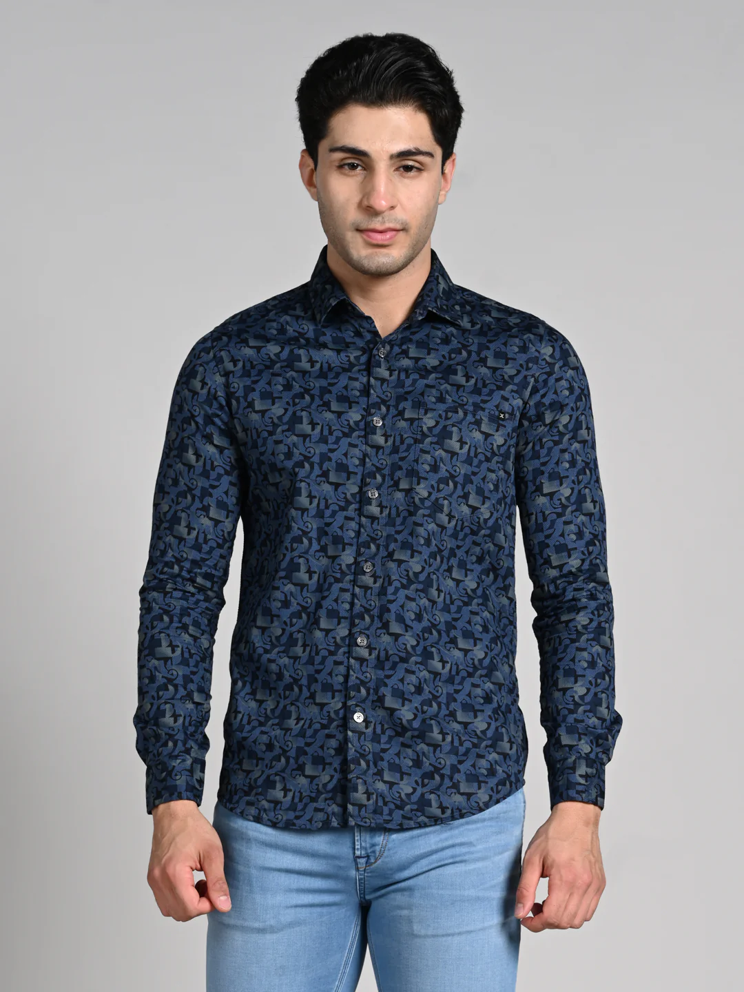 Full Sleeves Slim Fit Slate Blue All Over Textured Geometric Dobby Print Shirt - Image 4