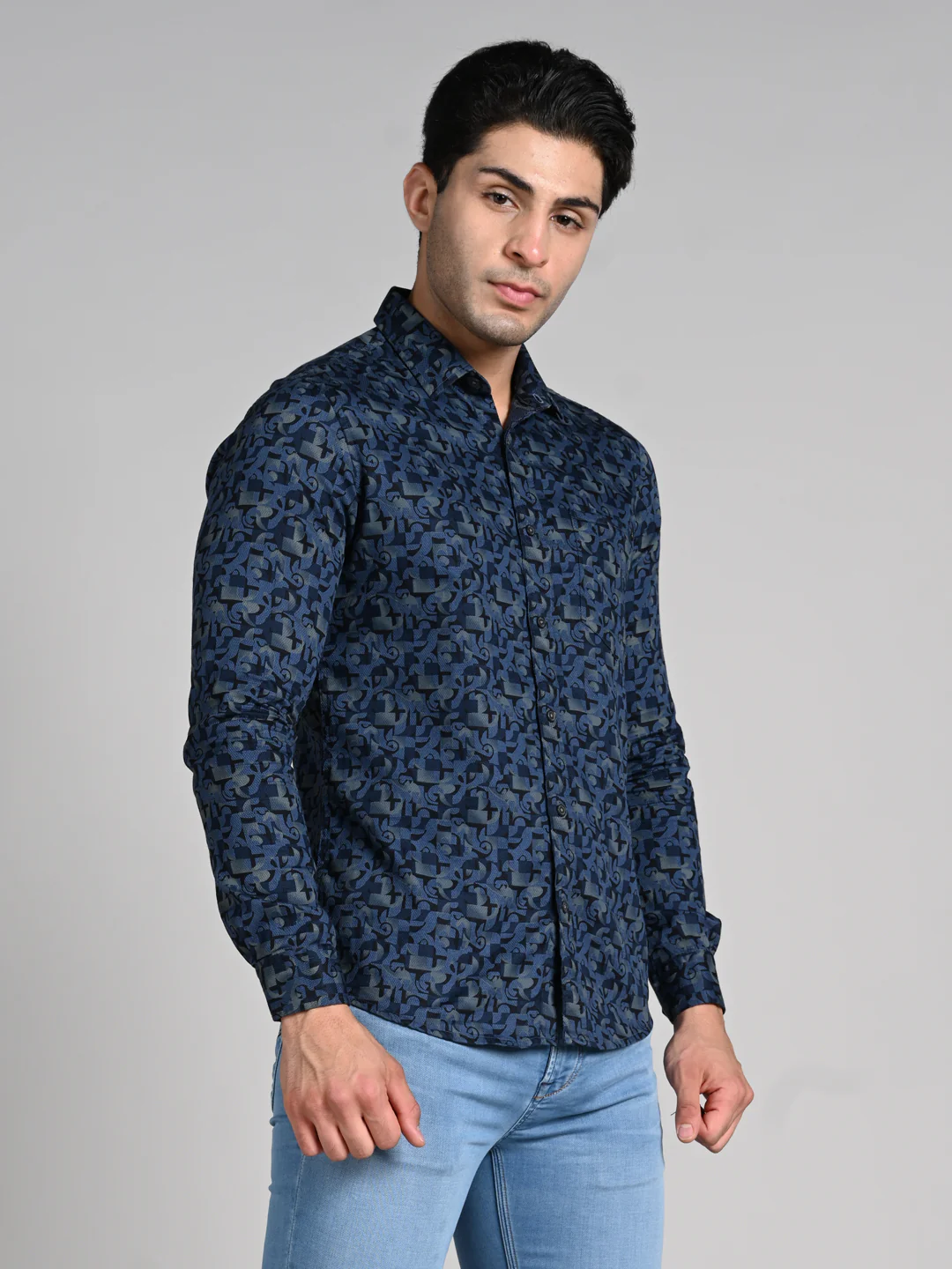 Full Sleeves Slim Fit Slate Blue All Over Textured Geometric Dobby Print Shirt - Image 5