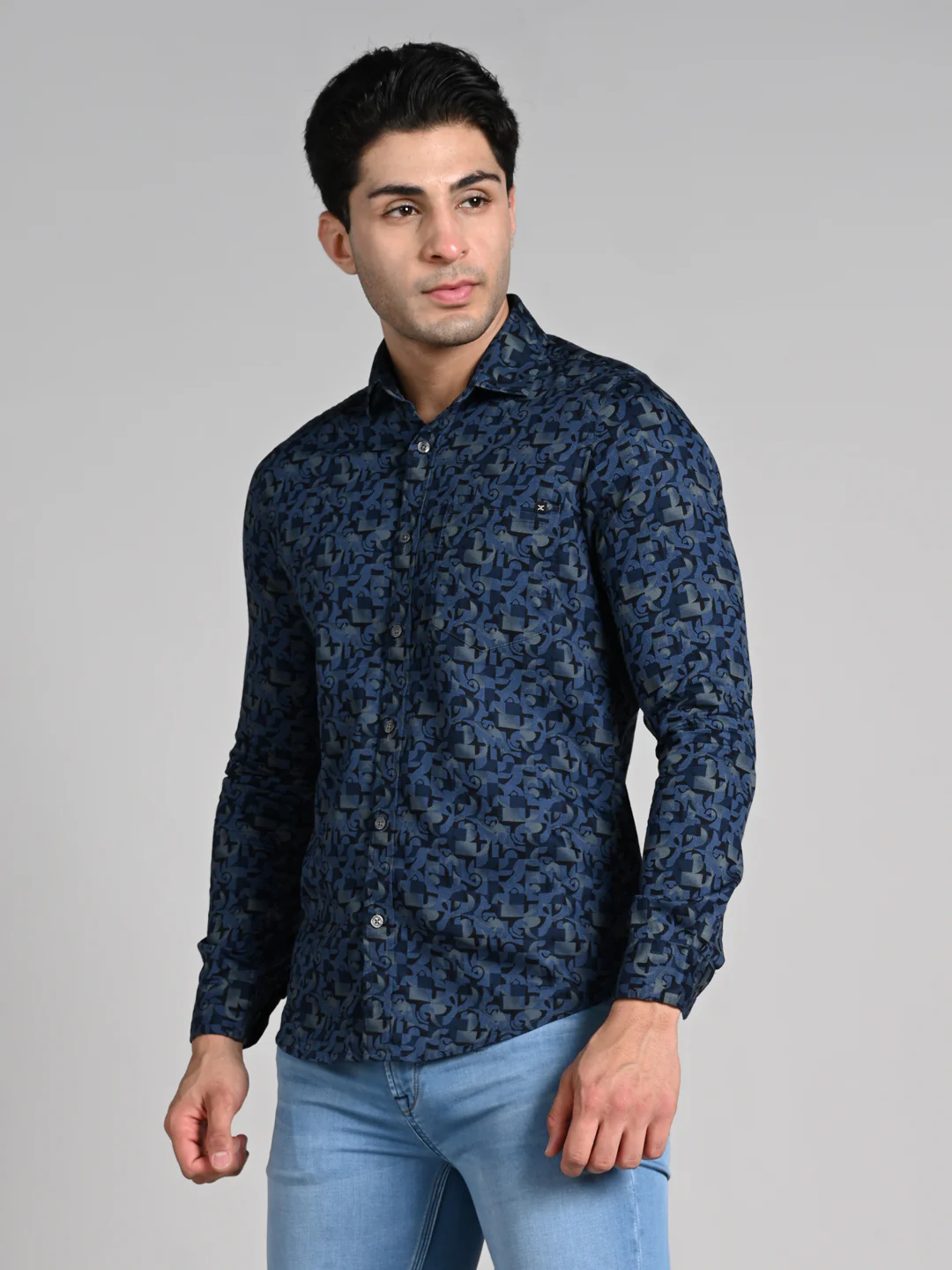 Full Sleeves Slim Fit Slate Blue All Over Textured Geometric Dobby Print Shirt - Image 6