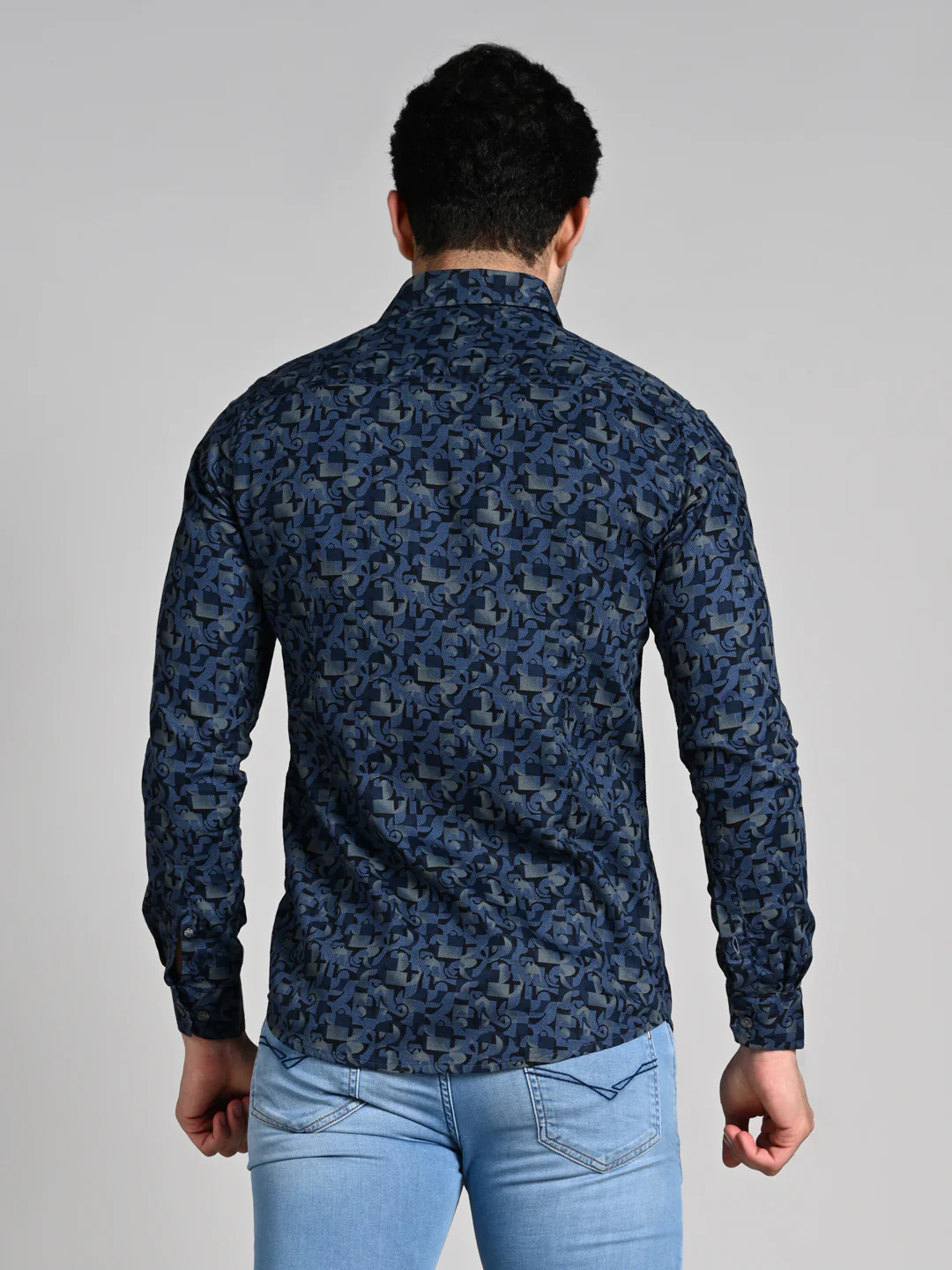 Full Sleeves Slim Fit Slate Blue All Over Textured Geometric Dobby Print Shirt - Image 7