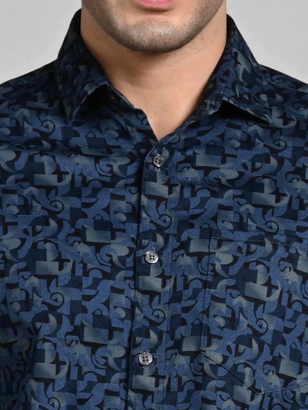 Full Sleeves Slim Fit Slate Blue All Over Textured Geometric Dobby Print Shirt - Image 8