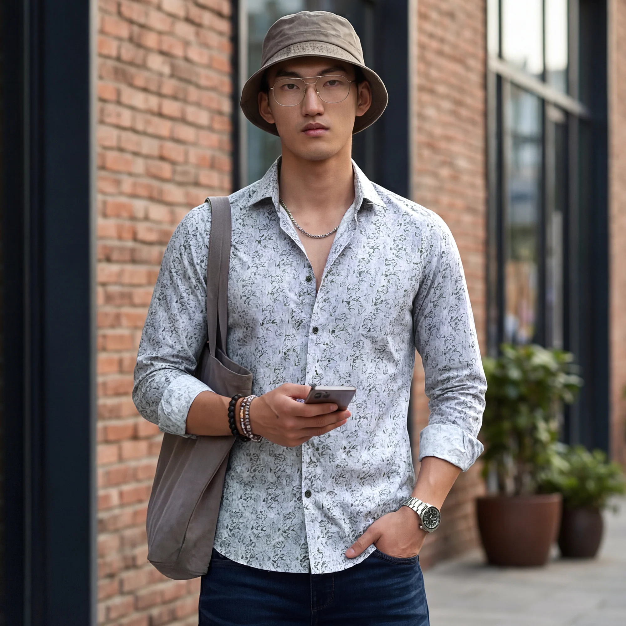 Full Sleeves Slim Fit Blue All Over Abstract Floral Floral Satin Solid Shirt - Image 2