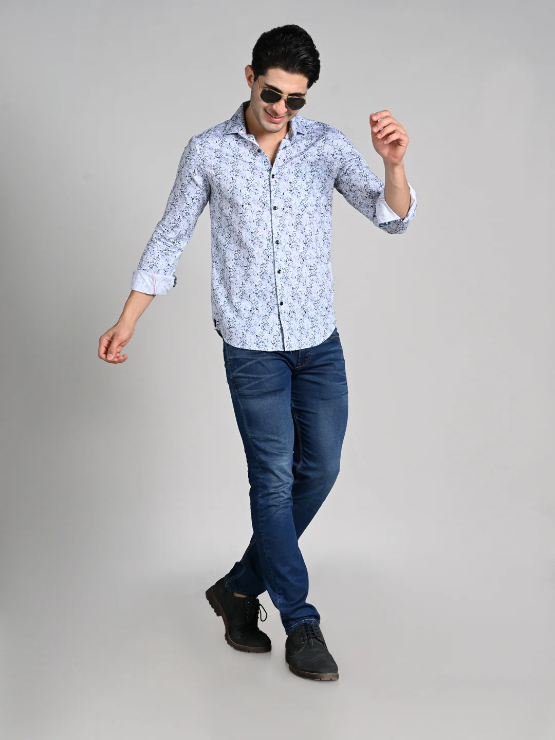 Full Sleeves Slim Fit Blue All Over Abstract Floral Floral Satin Solid Shirt - Image 3