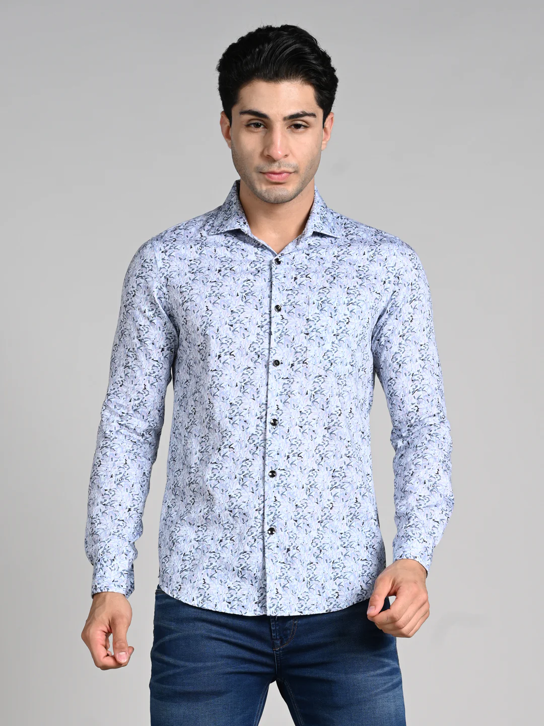 Full Sleeves Slim Fit Blue All Over Abstract Floral Floral Satin Solid Shirt - Image 4