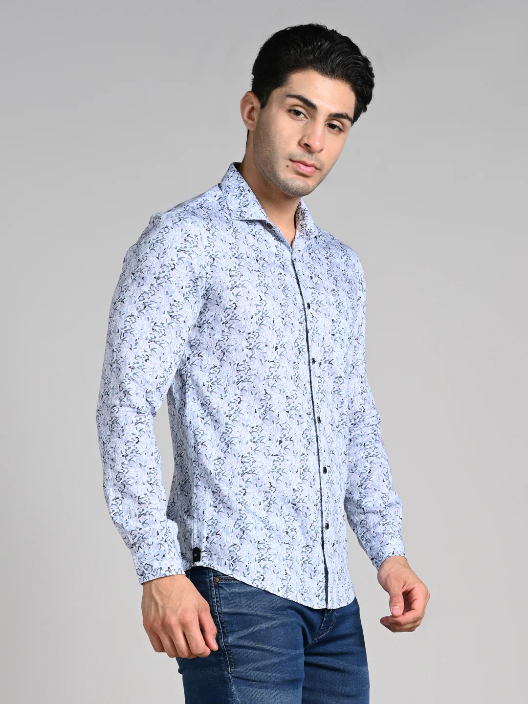 Full Sleeves Slim Fit Blue All Over Abstract Floral Floral Satin Solid Shirt - Image 5