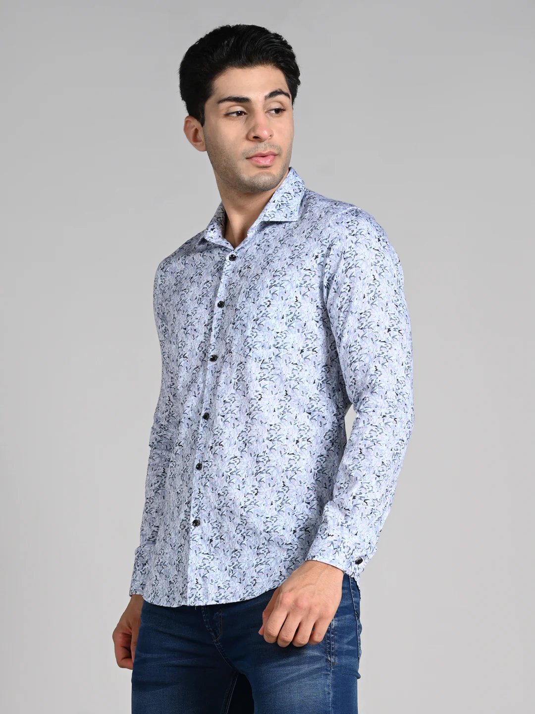 Full Sleeves Slim Fit Blue All Over Abstract Floral Floral Satin Solid Shirt - Image 6