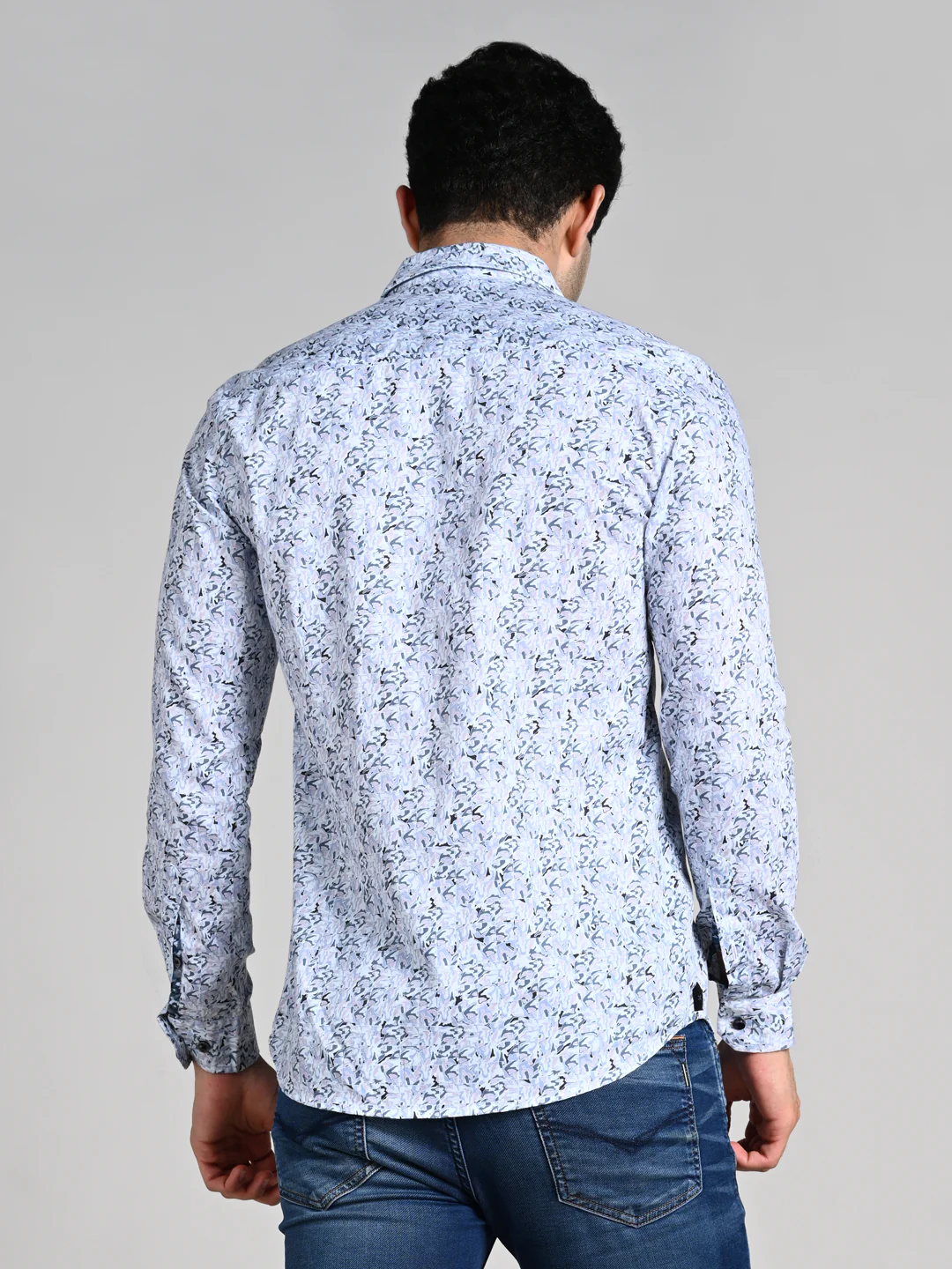 Full Sleeves Slim Fit Blue All Over Abstract Floral Floral Satin Solid Shirt - Image 7