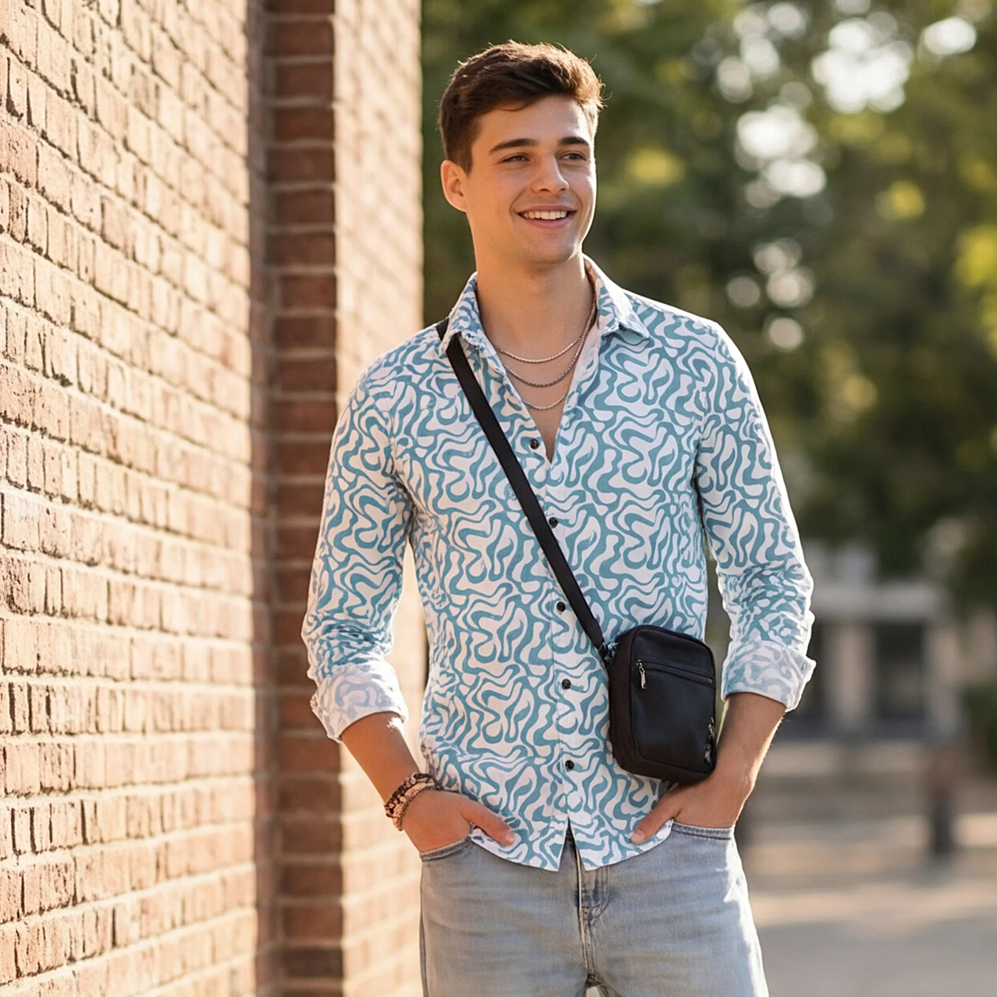 Full Sleeves Slim Fit Blue Squggly Abstract Jacquard Dobby Print Shirt - Image 2