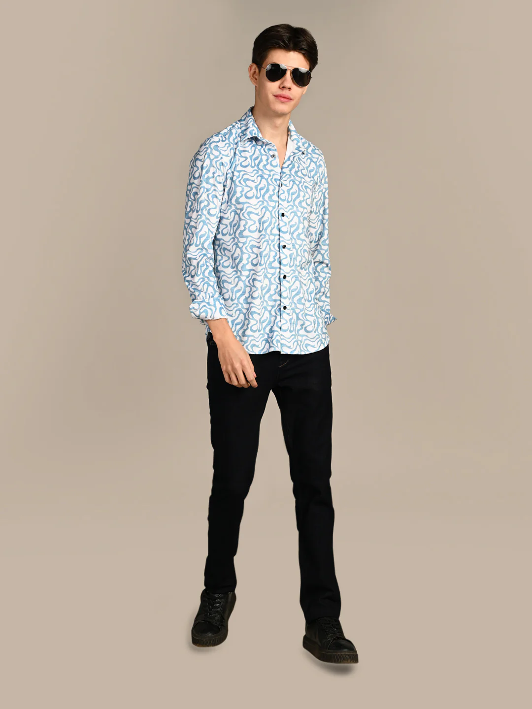 Full Sleeves Slim Fit Blue Squggly Abstract Jacquard Dobby Print Shirt - Image 3