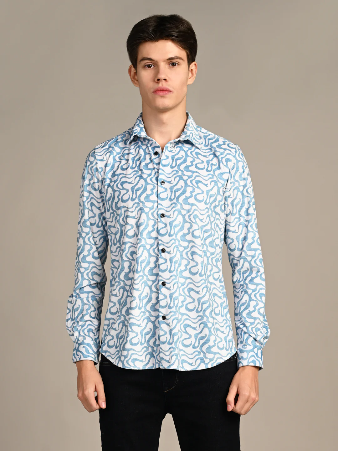 Full Sleeves Slim Fit Blue Squggly Abstract Jacquard Dobby Print Shirt - Image 4