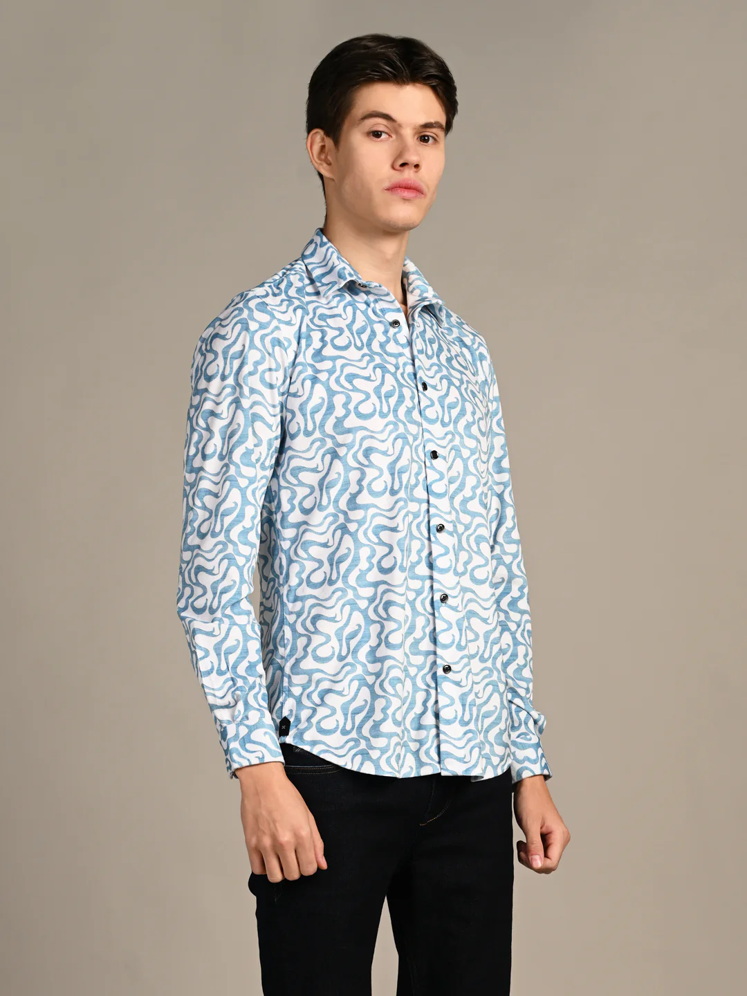 Full Sleeves Slim Fit Blue Squggly Abstract Jacquard Dobby Print Shirt - Image 5