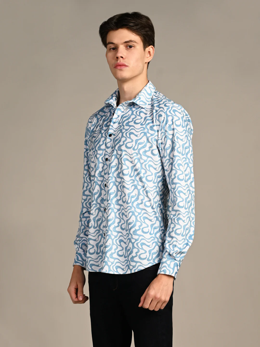 Full Sleeves Slim Fit Blue Squggly Abstract Jacquard Dobby Print Shirt - Image 6