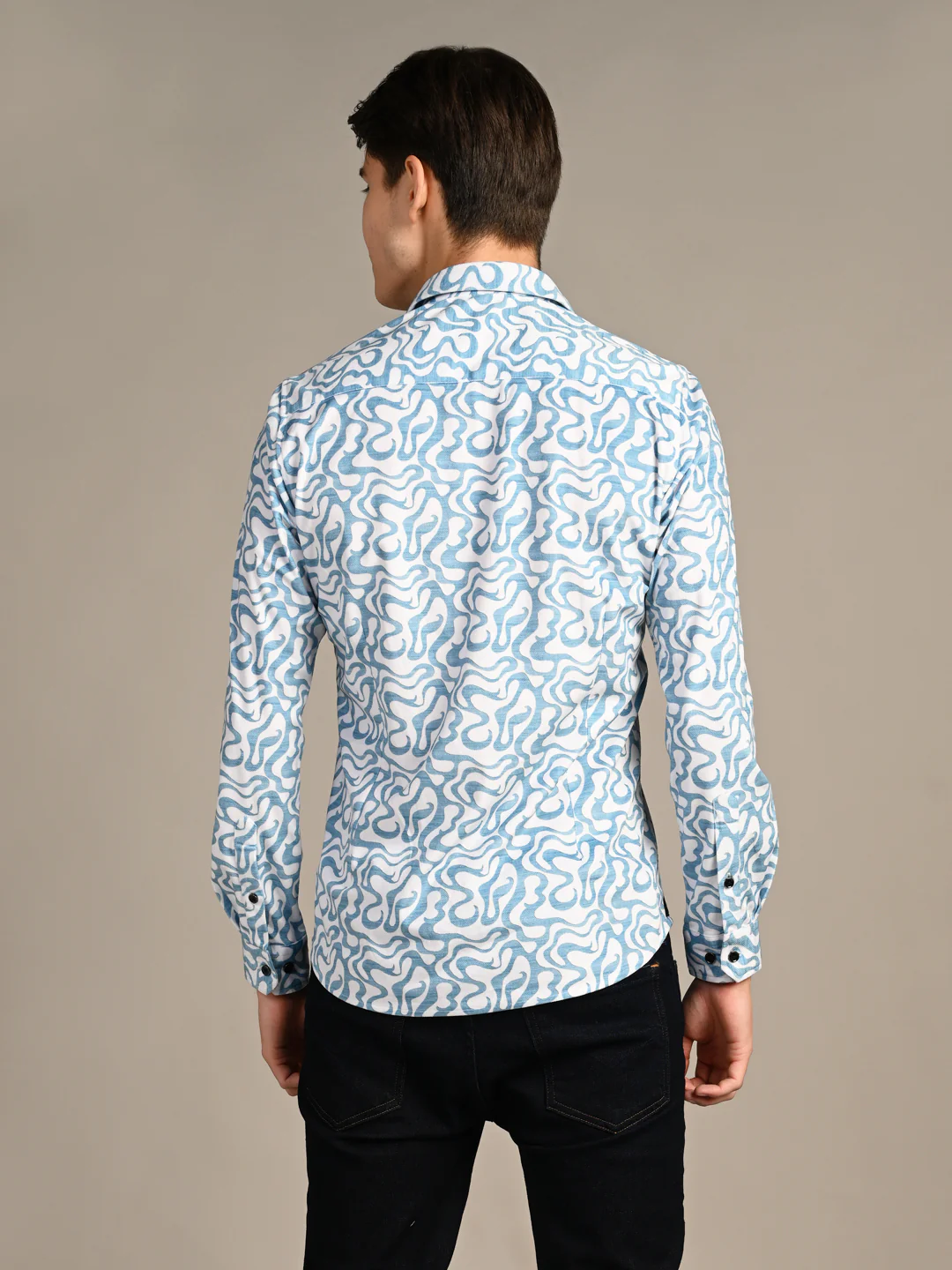 Full Sleeves Slim Fit Blue Squggly Abstract Jacquard Dobby Print Shirt - Image 7