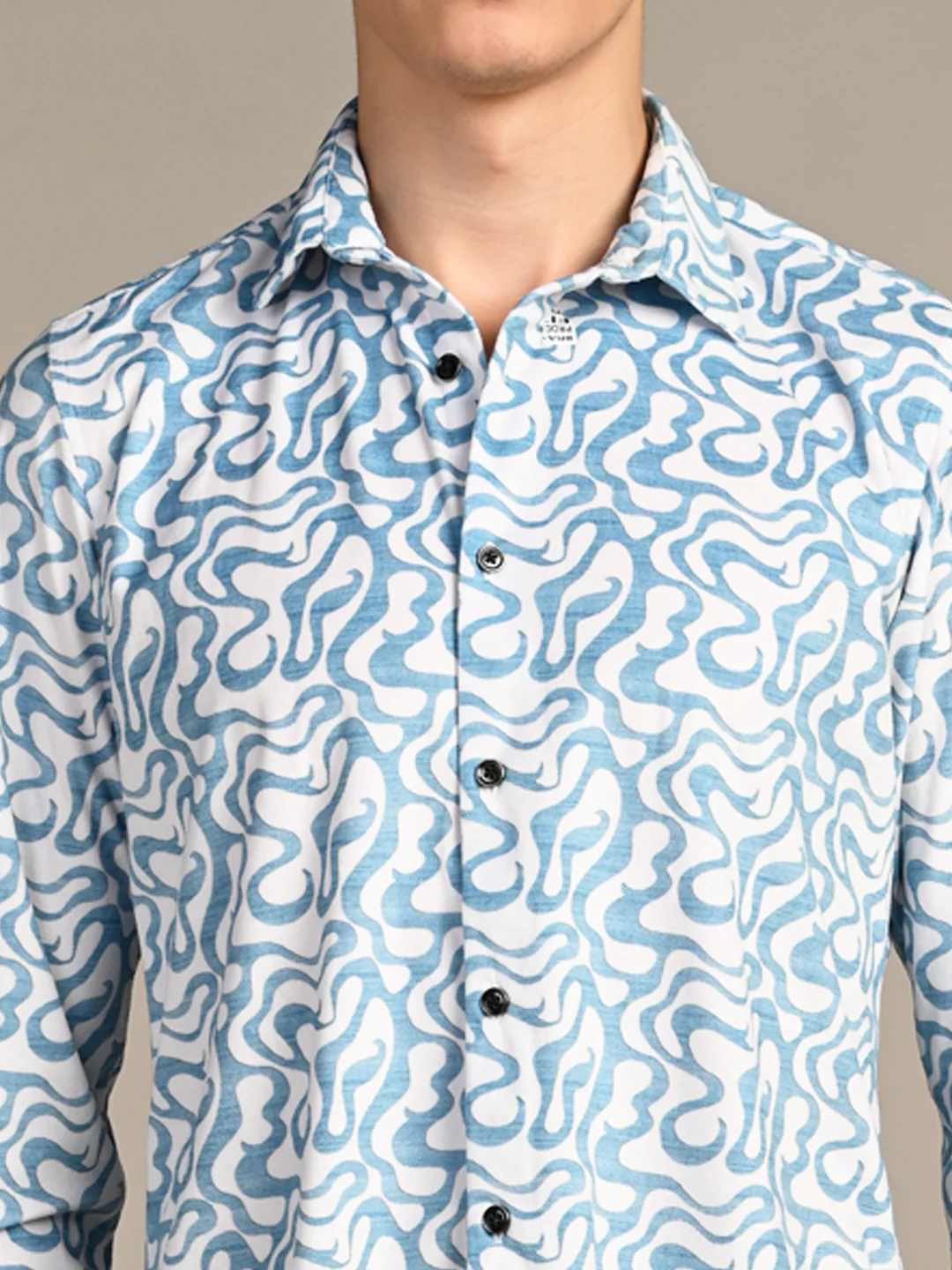 Full Sleeves Slim Fit Blue Squggly Abstract Jacquard Dobby Print Shirt - Image 8