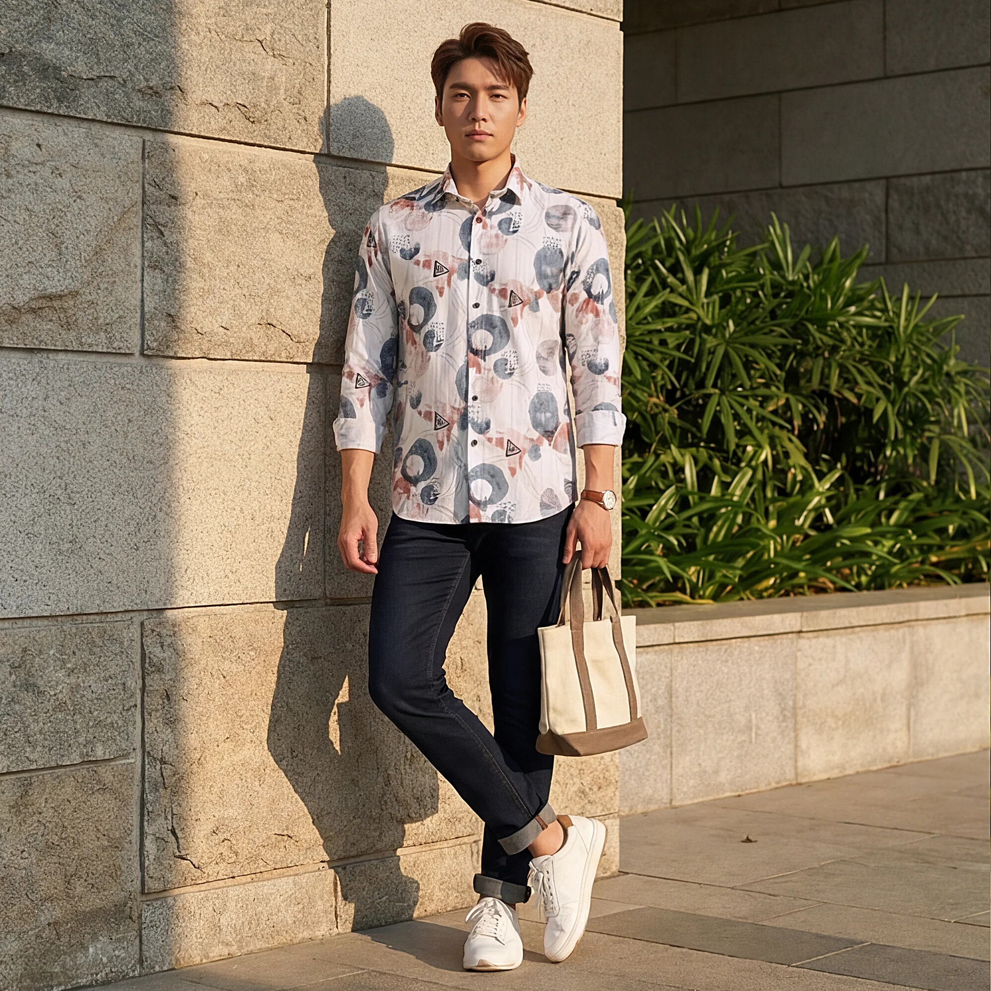 Full Sleeves Slim Fit Blue All-Over Big Abstract Fancy Torn Look Print Shirt