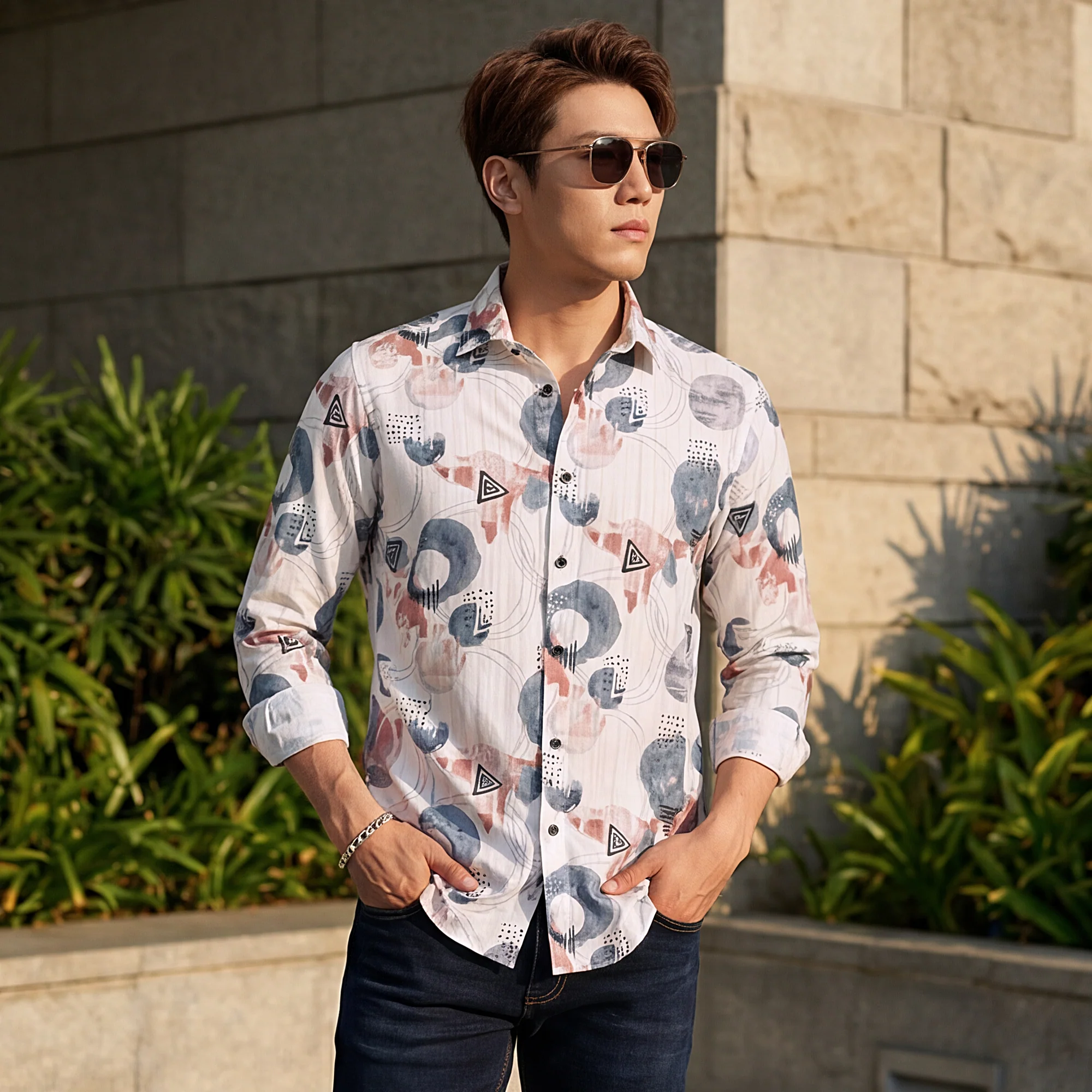 Full Sleeves Slim Fit Blue All-Over Big Abstract Fancy Torn Look Print Shirt - Image 2