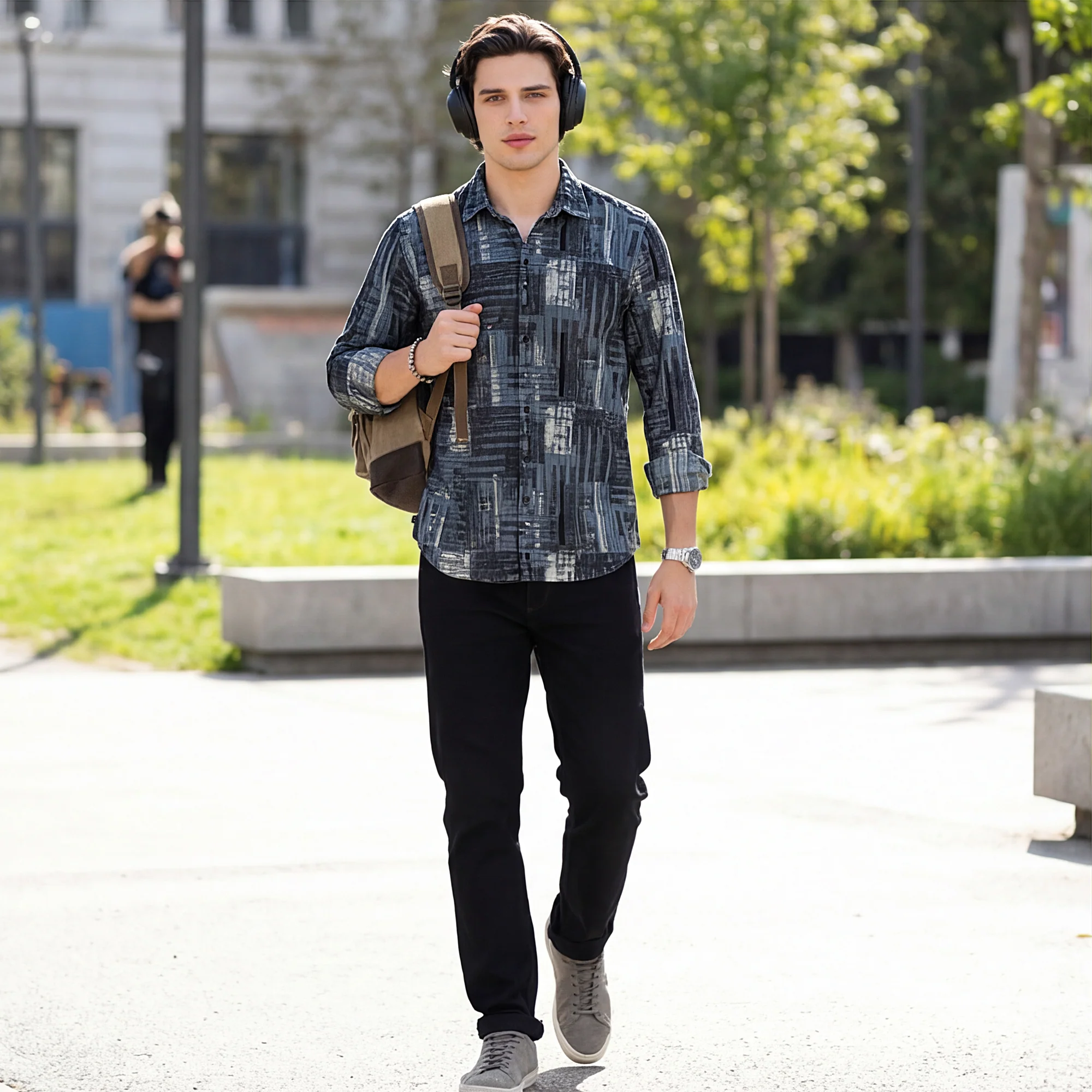 Full Sleeves Straight Fit Slate Blue Geometric Patchwork Corduroy Print Shirt