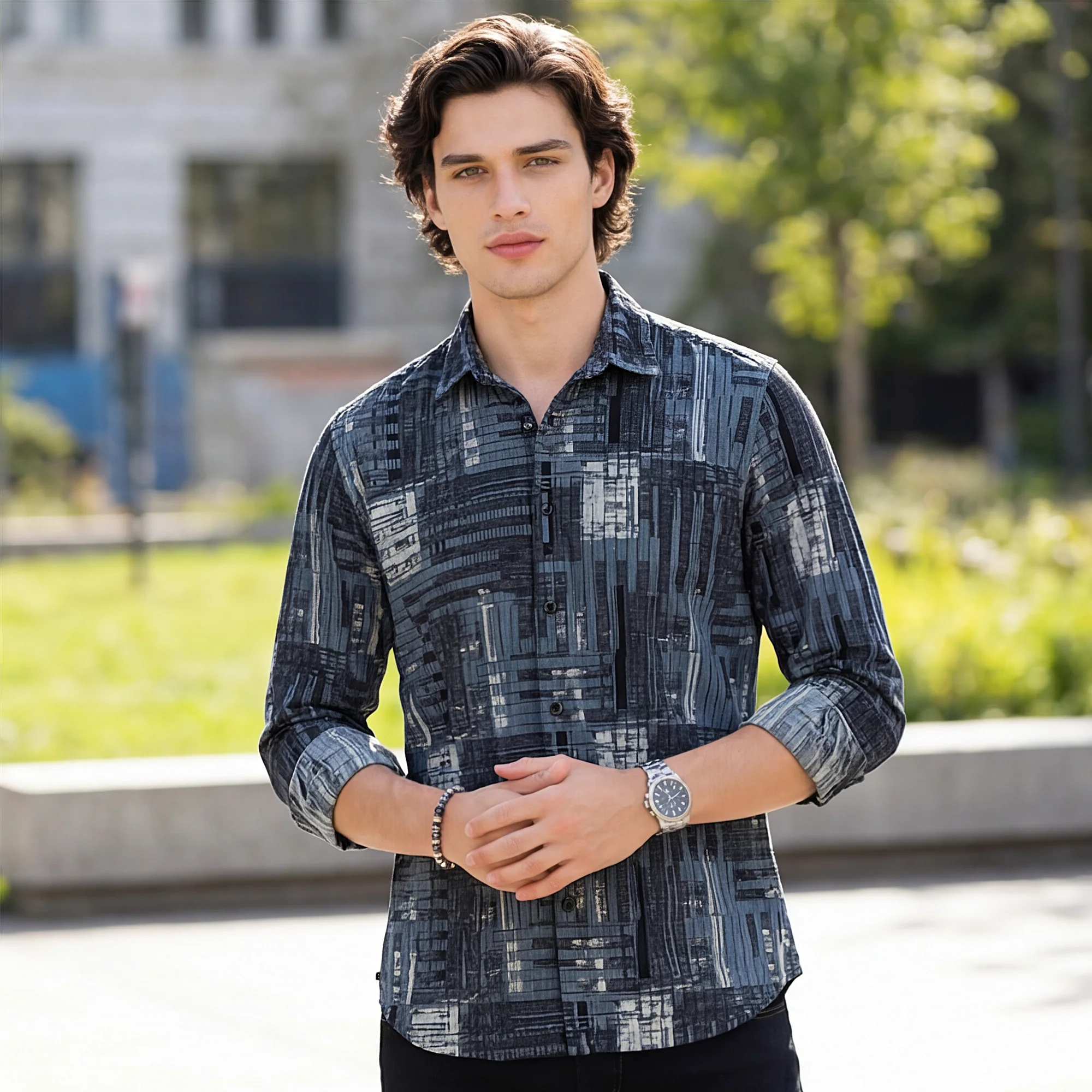 Full Sleeves Straight Fit Slate Blue Geometric Patchwork Corduroy Print Shirt - Image 2