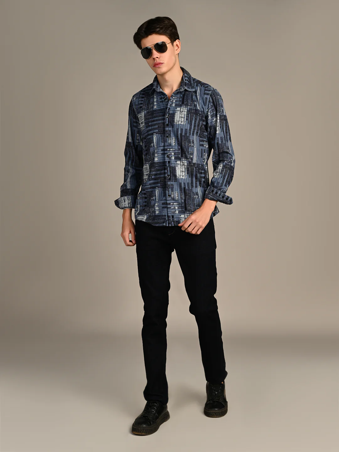 Full Sleeves Straight Fit Slate Blue Geometric Patchwork Corduroy Print Shirt - Image 3
