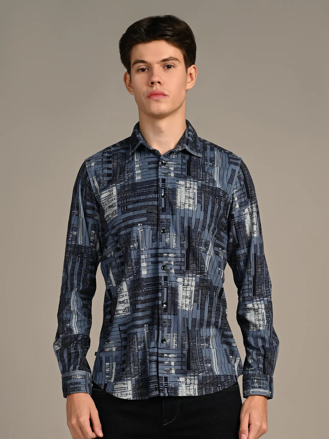 Full Sleeves Straight Fit Slate Blue Geometric Patchwork Corduroy Print Shirt - Image 4