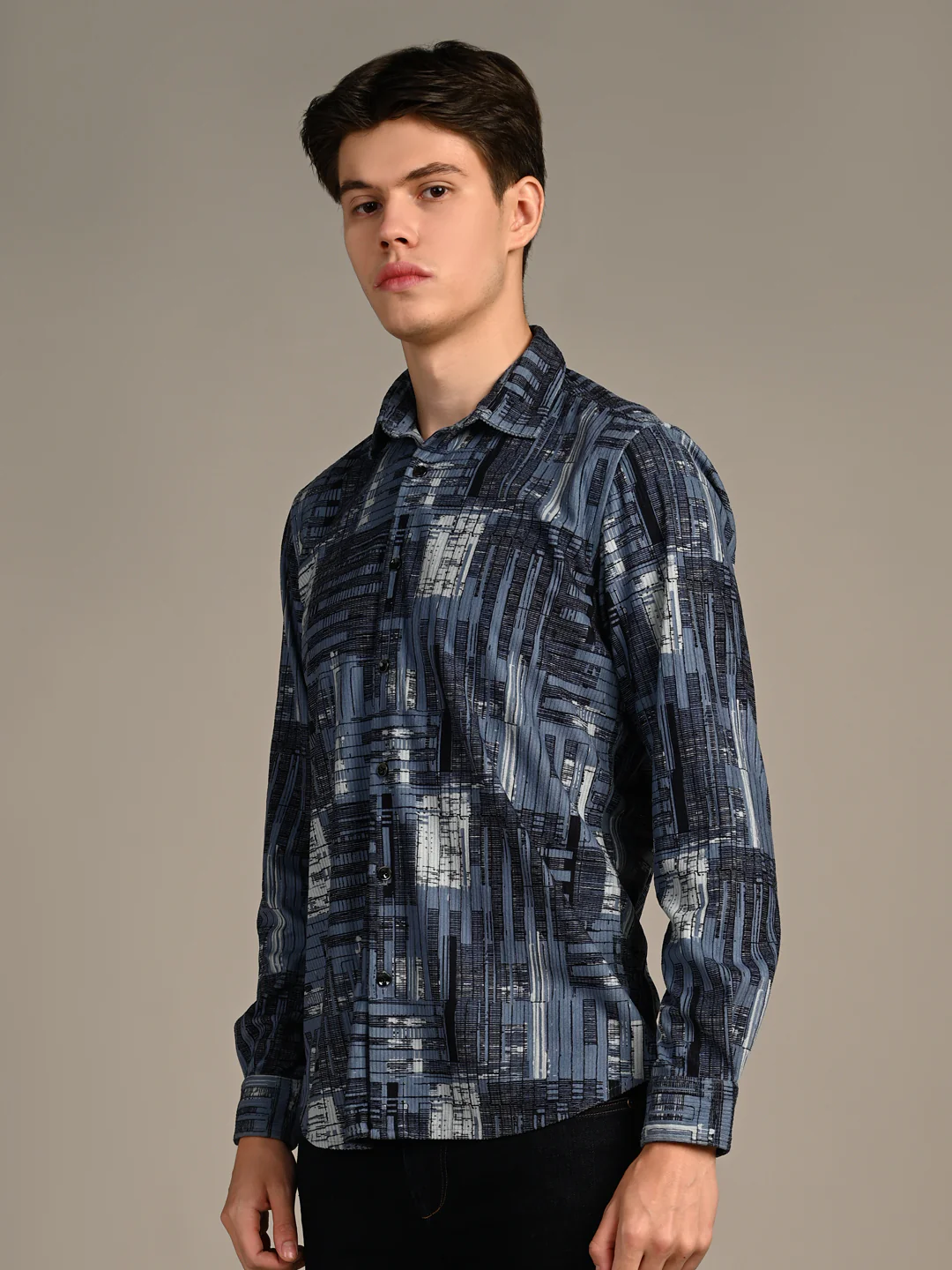 Full Sleeves Straight Fit Slate Blue Geometric Patchwork Corduroy Print Shirt - Image 5