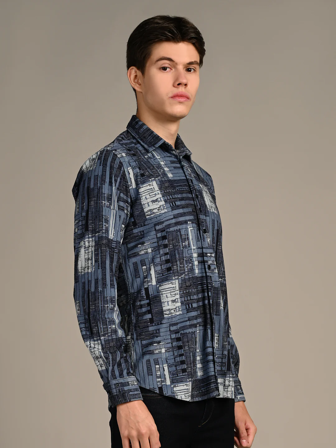 Full Sleeves Straight Fit Slate Blue Geometric Patchwork Corduroy Print Shirt - Image 6