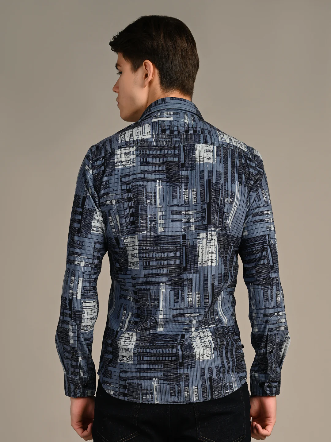 Full Sleeves Straight Fit Slate Blue Geometric Patchwork Corduroy Print Shirt - Image 7