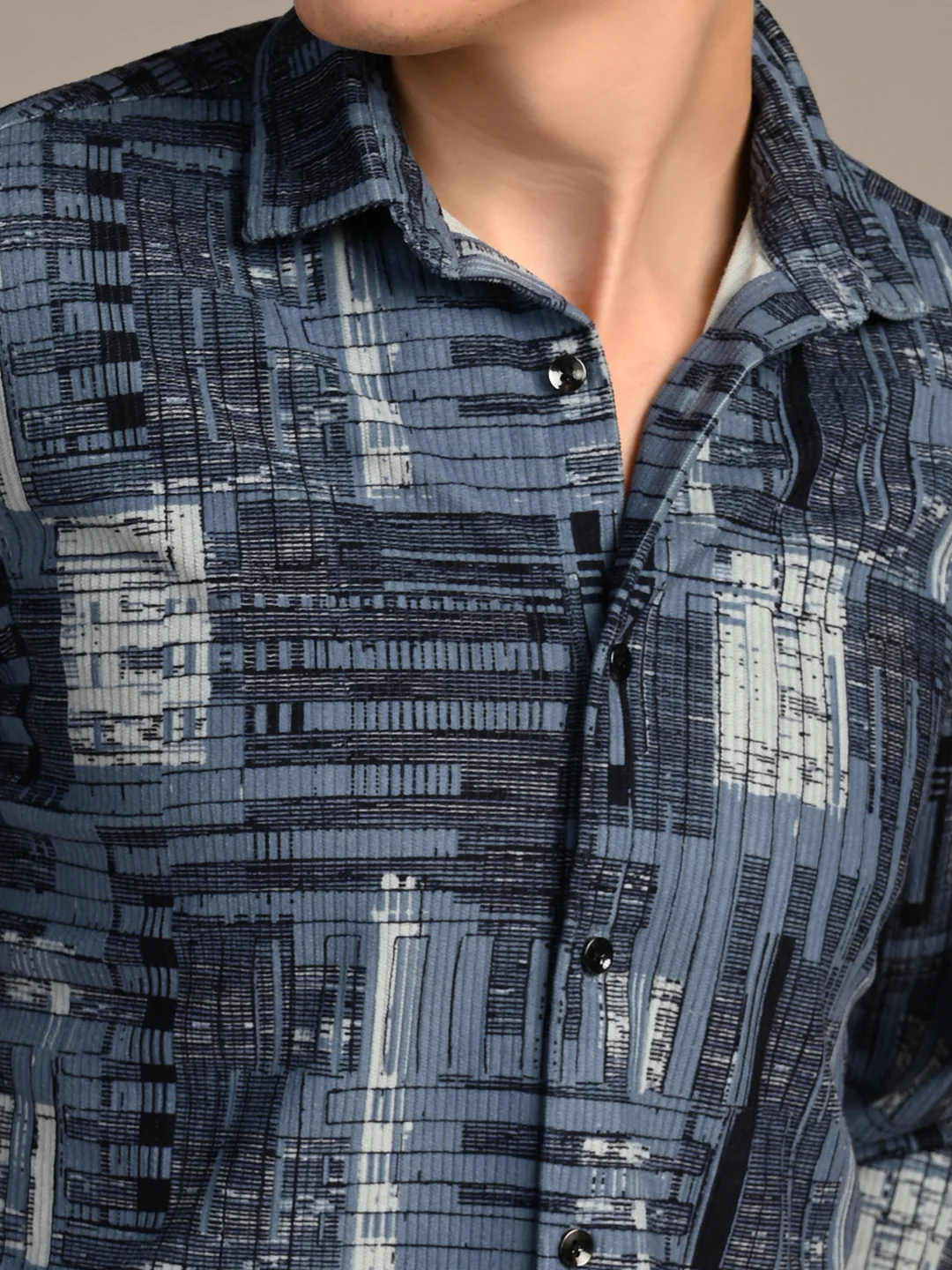 Full Sleeves Straight Fit Slate Blue Geometric Patchwork Corduroy Print Shirt - Image 8