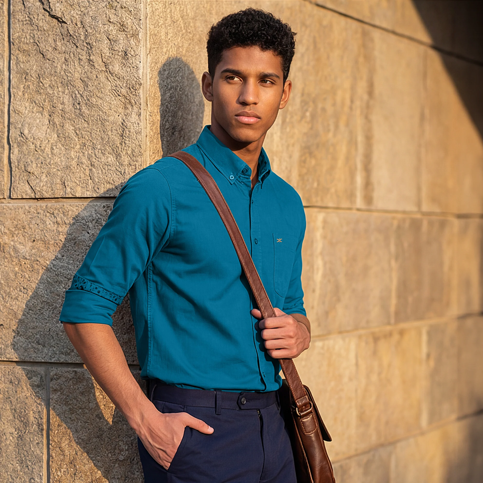 Full Sleeves Slim Fit Emerald Blue Button-Down Oxford Solid Shirt - Image 2