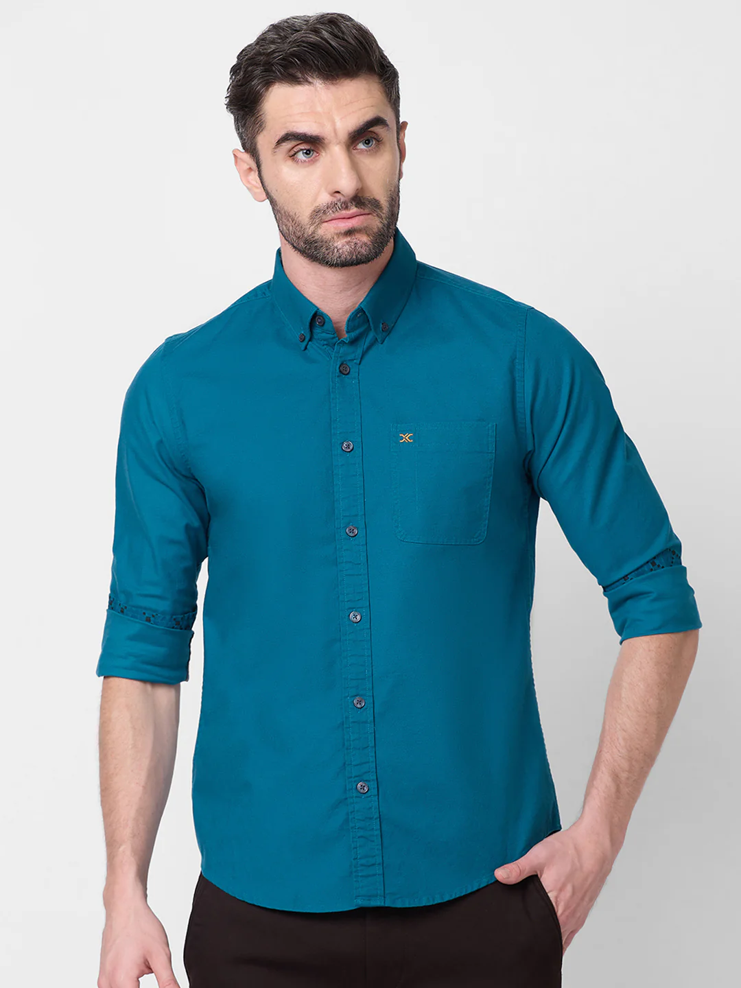 Full Sleeves Slim Fit Emerald Blue Button-Down Oxford Solid Shirt - Image 3
