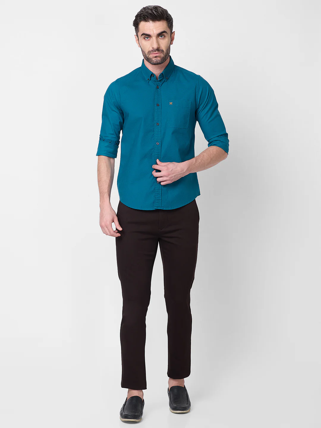 Full Sleeves Slim Fit Emerald Blue Button-Down Oxford Solid Shirt - Image 4