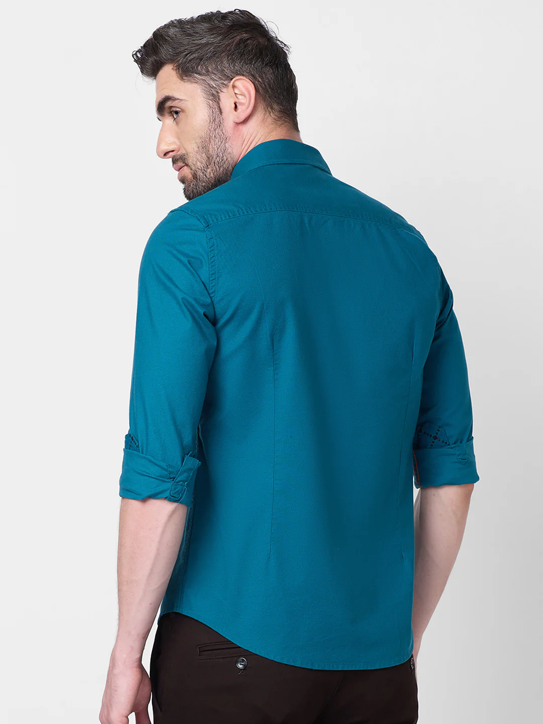 Full Sleeves Slim Fit Emerald Blue Button-Down Oxford Solid Shirt - Image 5