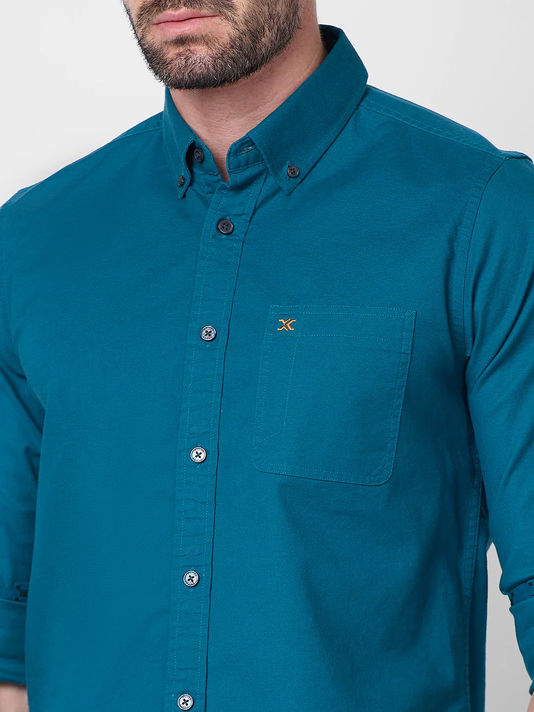 Full Sleeves Slim Fit Emerald Blue Button-Down Oxford Solid Shirt - Image 7