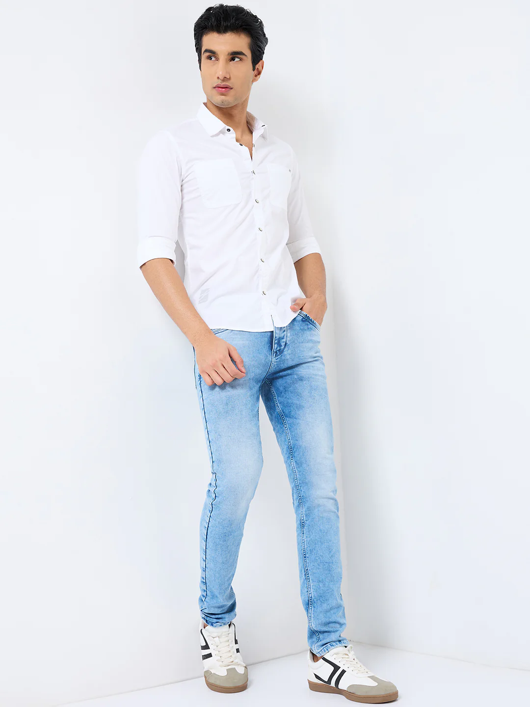 Short sleeves Slim Fit White W/O Flap Double Pocket Ripstop Solid Shirt - Image 3