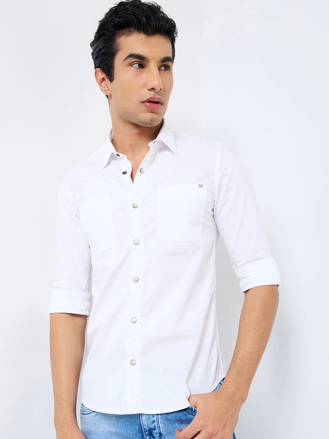 Short sleeves Slim Fit White W/O Flap Double Pocket Ripstop Solid Shirt - Image 4