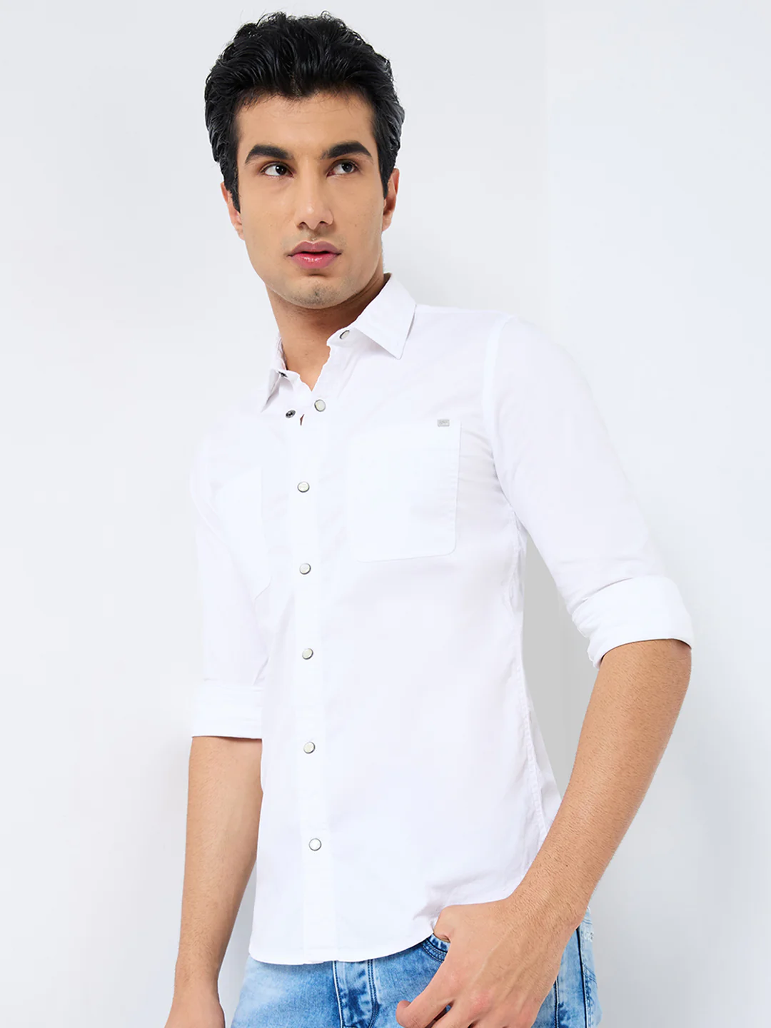 Short sleeves Slim Fit White W/O Flap Double Pocket Ripstop Solid Shirt - Image 6