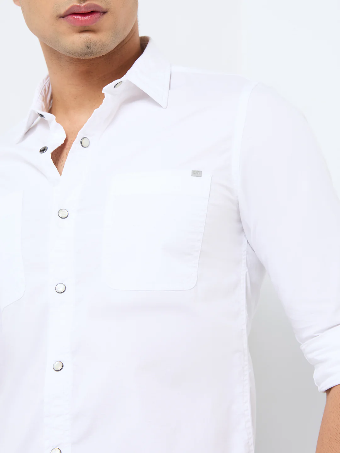 Short sleeves Slim Fit White W/O Flap Double Pocket Ripstop Solid Shirt - Image 7