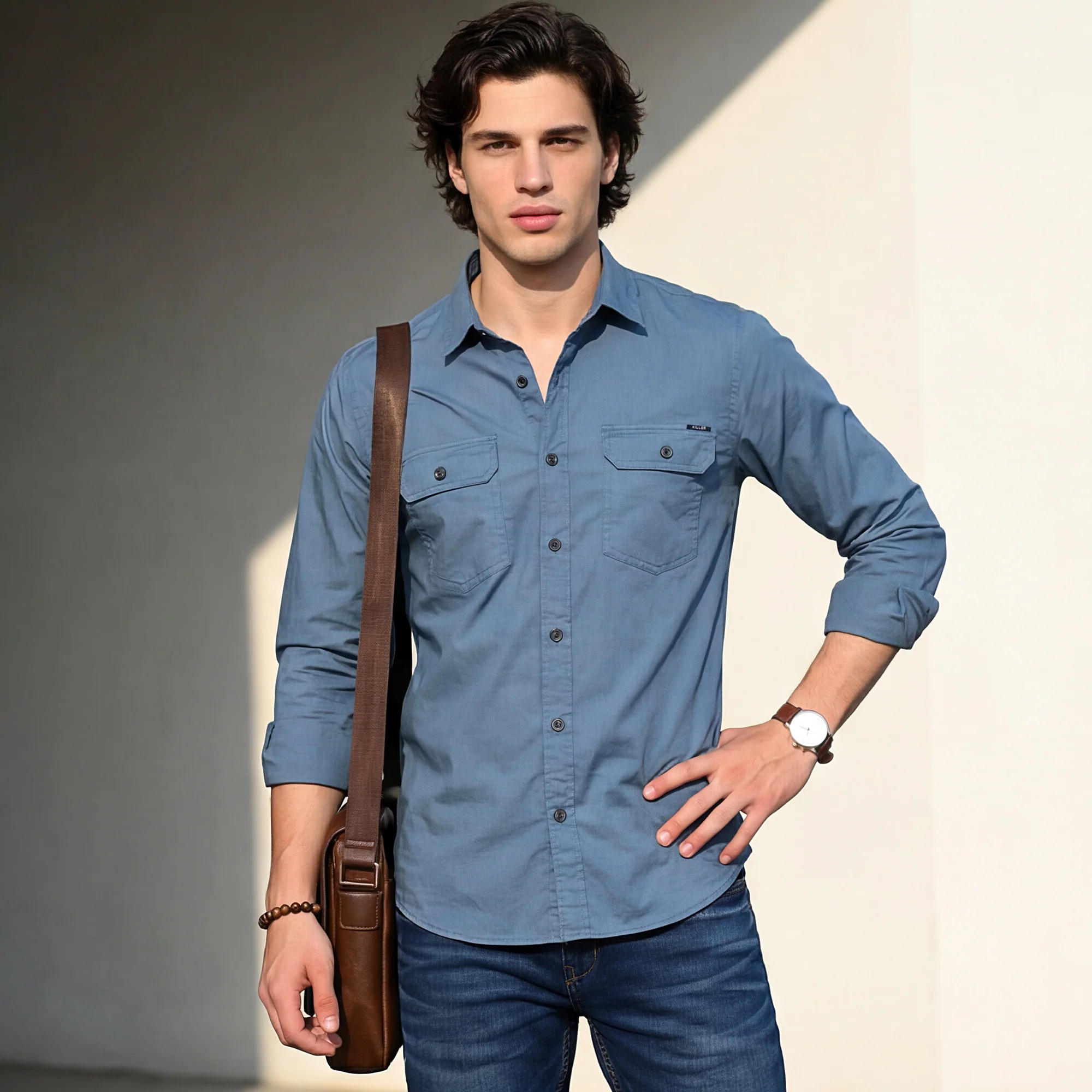 Full Sleeves Straight Fit Black Double Pocket Solid Shirt - Image 2