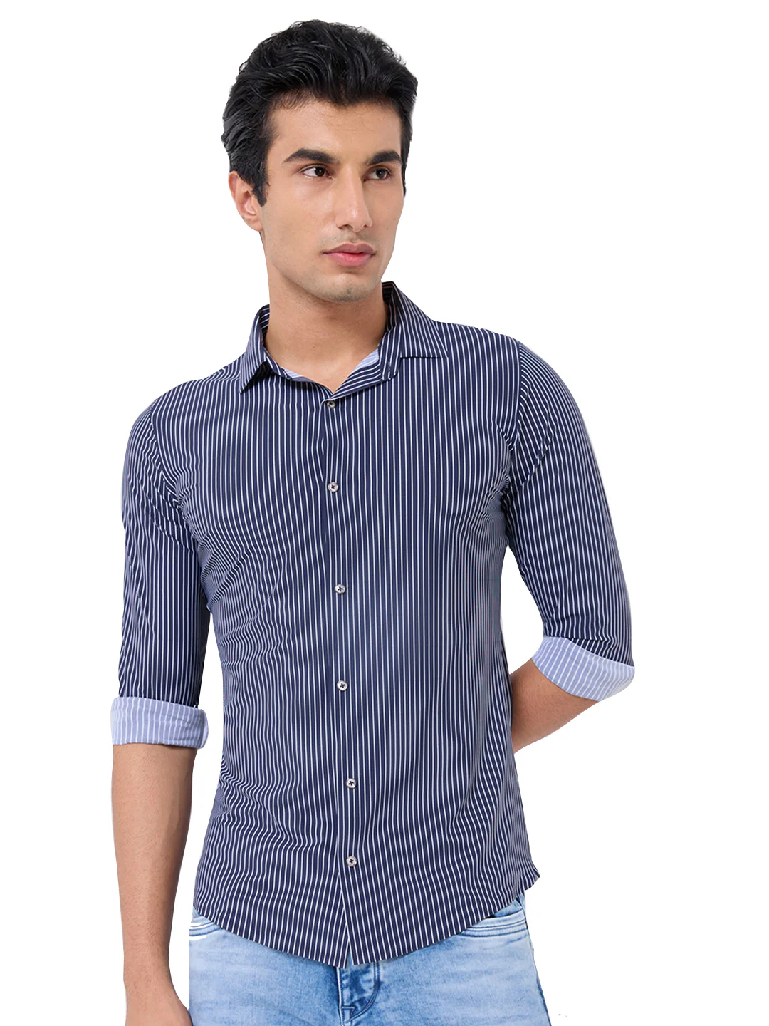 Full Sleeves Slim Fit Navy Fine Knit Stripe Shirt - Image 4