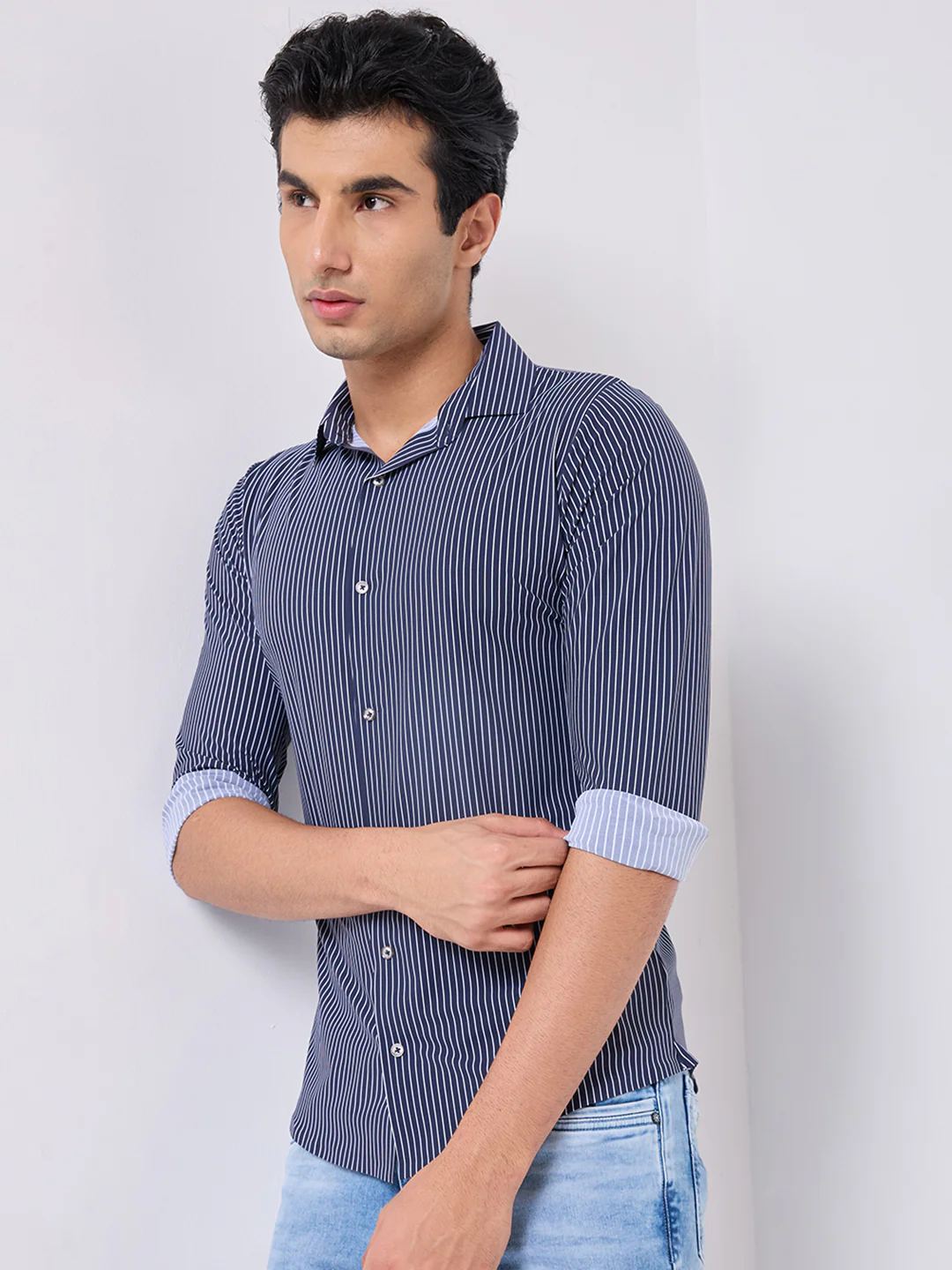 Full Sleeves Slim Fit Navy Fine Knit Stripe Shirt - Image 6