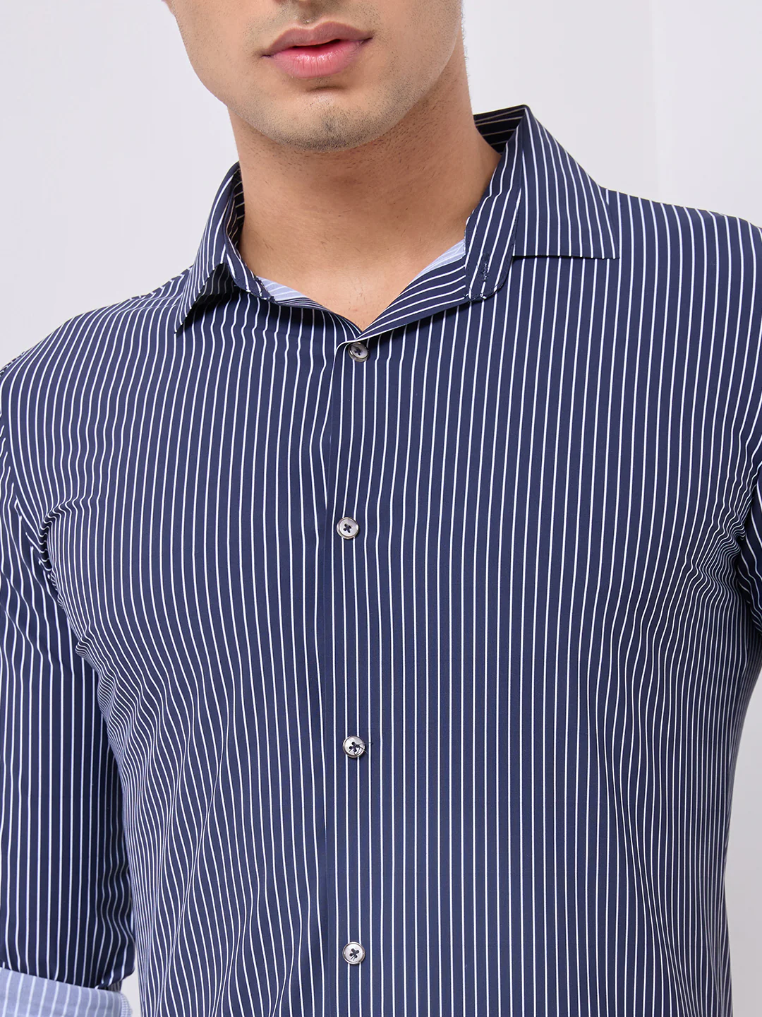Full Sleeves Slim Fit Navy Fine Knit Stripe Shirt - Image 7