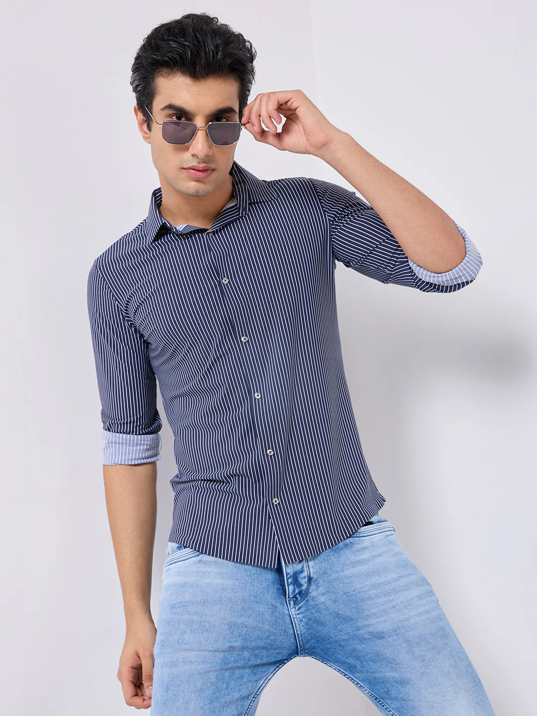 Full Sleeves Slim Fit Navy Fine Knit Stripe Shirt - Image 8