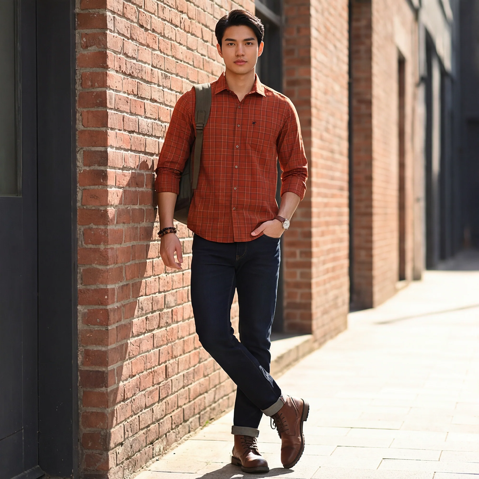 Full Sleeves Slim Fit Brick Red Dobby Structured Checks Shirt