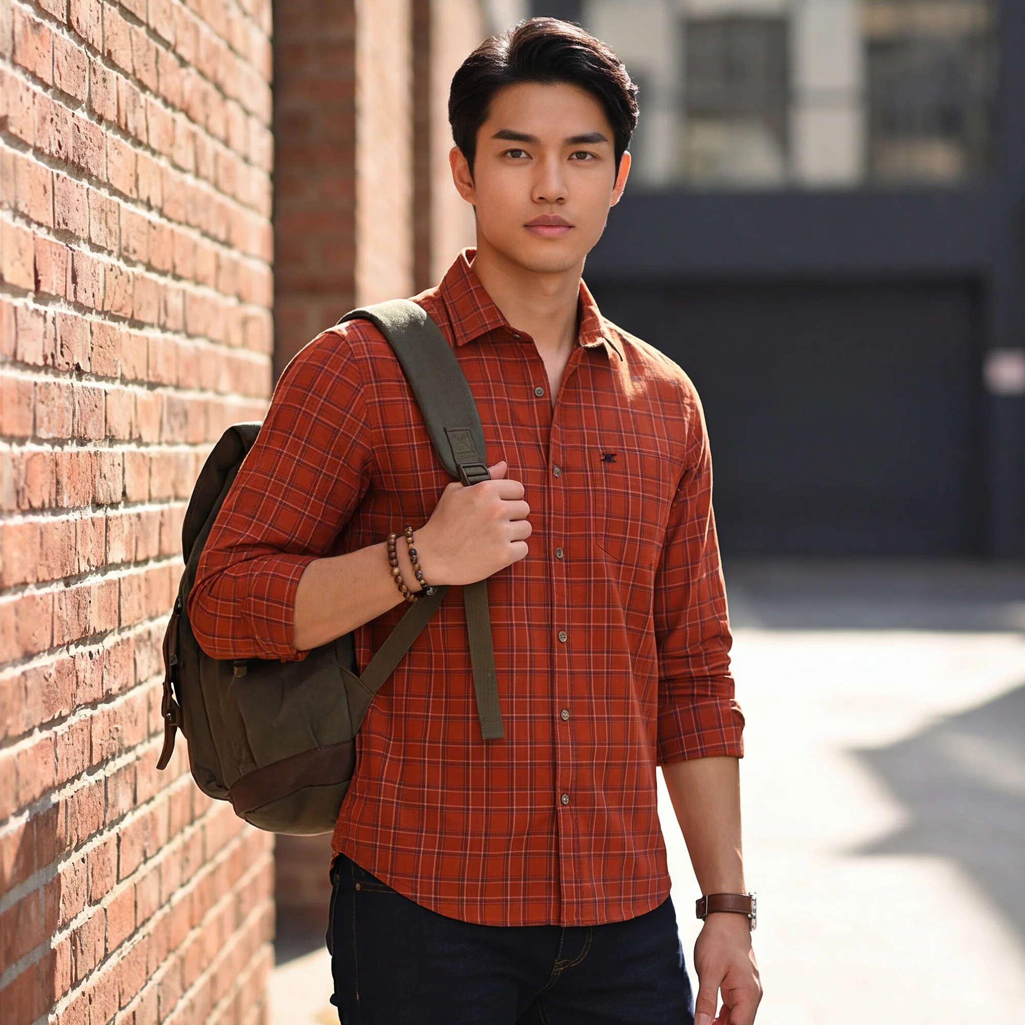 Full Sleeves Slim Fit Brick Red Dobby Structured Checks Shirt - Image 2