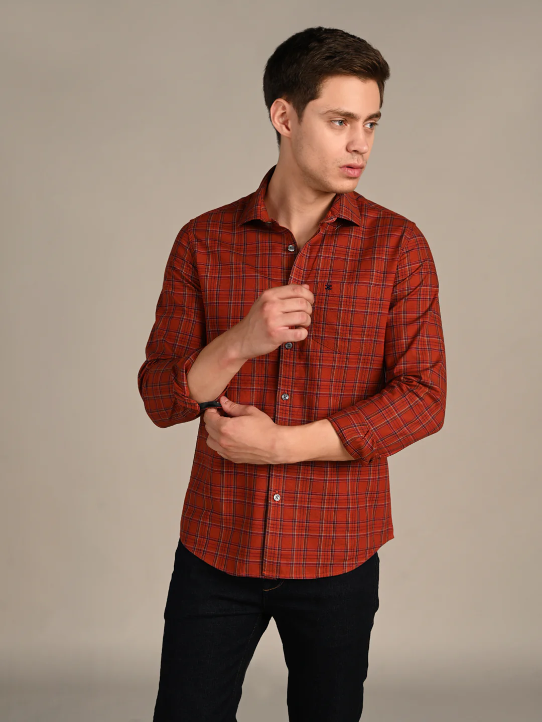 Full Sleeves Slim Fit Brick Red Dobby Structured Checks Shirt - Image 3