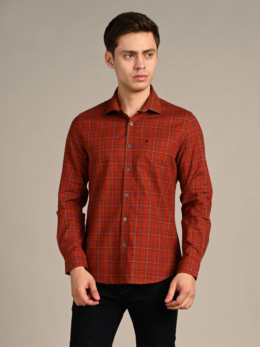 Full Sleeves Slim Fit Brick Red Dobby Structured Checks Shirt - Image 4