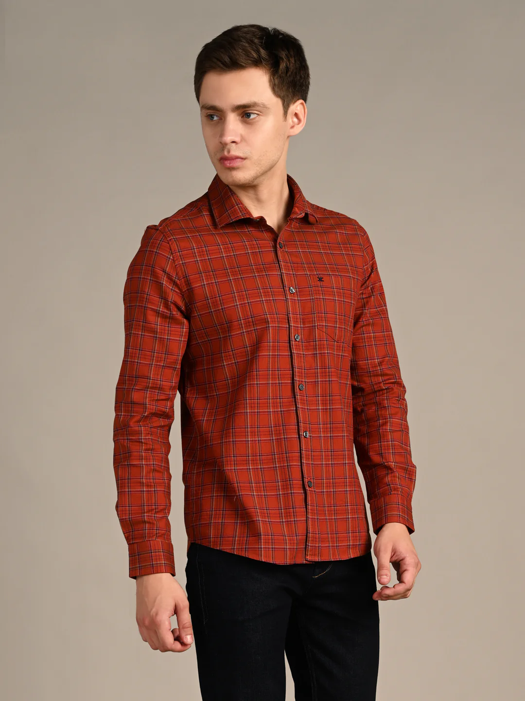 Full Sleeves Slim Fit Brick Red Dobby Structured Checks Shirt - Image 5