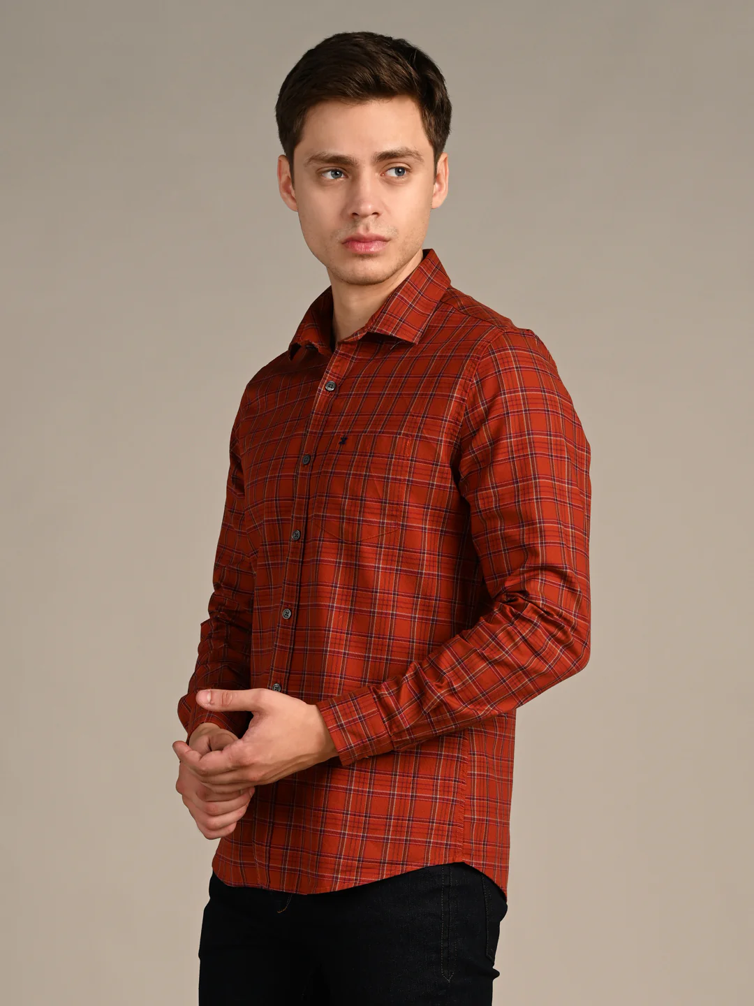 Full Sleeves Slim Fit Brick Red Dobby Structured Checks Shirt - Image 6