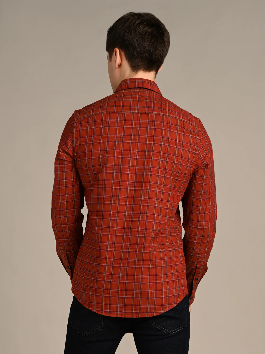 Full Sleeves Slim Fit Brick Red Dobby Structured Checks Shirt - Image 7