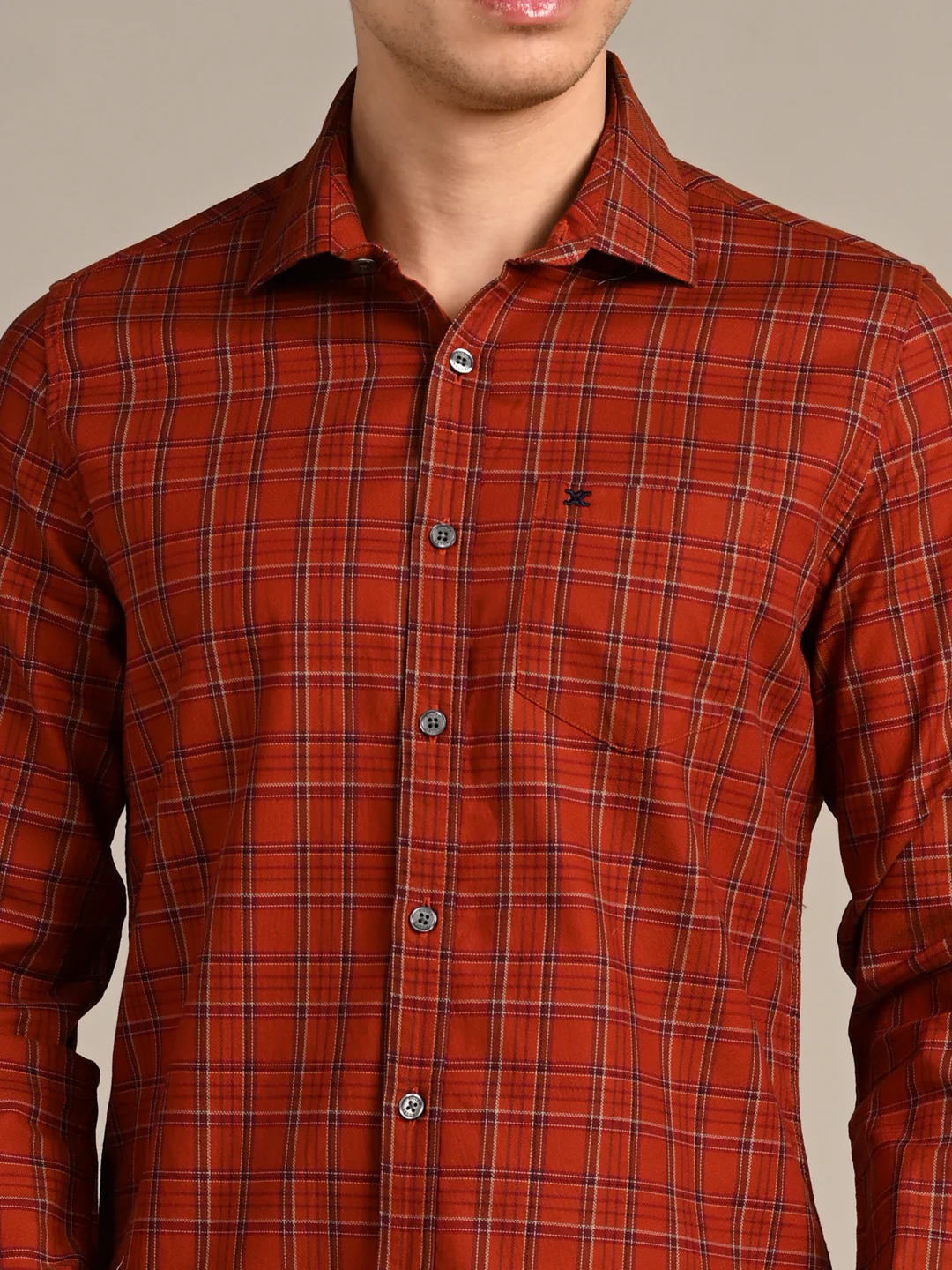 Full Sleeves Slim Fit Brick Red Dobby Structured Checks Shirt - Image 8